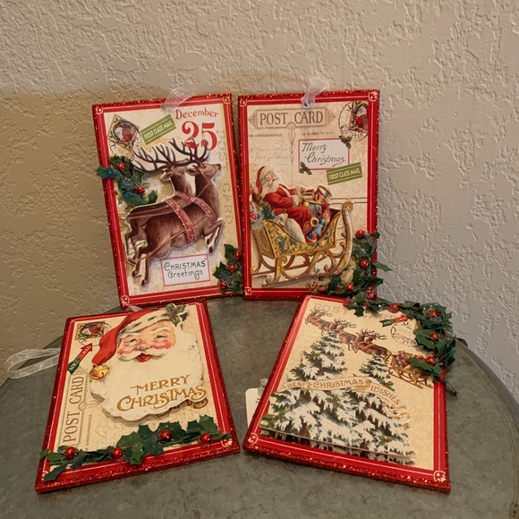 RAZ SANTA, SLEIGH & REINDEER POSTCARD ORNAMENTS